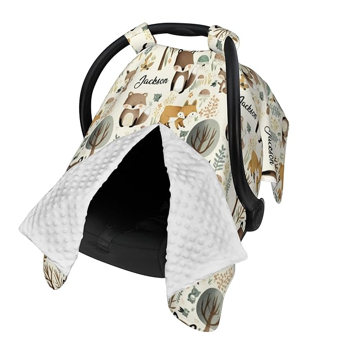 Personalized Winter Carseat Cover for Baby Custom Name Car Seat Canopy for Newborn Baby Boys Girls 2 in 1 Mom Nursing Breastfeeding Covers Woodland Minky Baby Carrier Stroller Covers