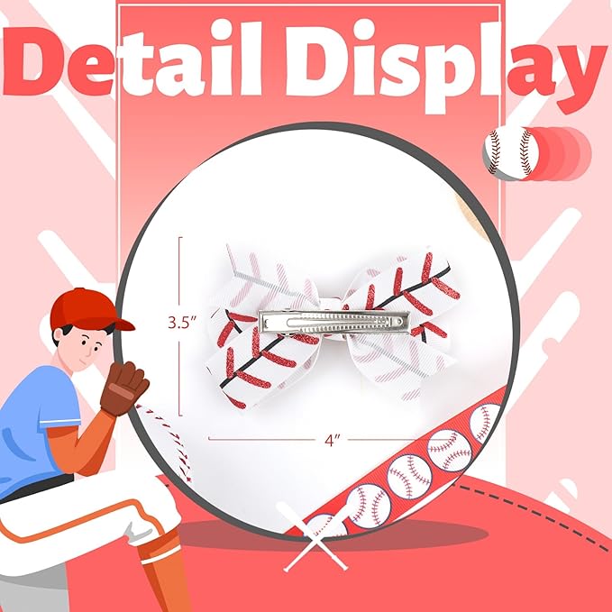 YanJie 2pcs 4'' Baseball Hair Bows for Girls Toddler Teen Glitter Cheer Bows Ribbon Clips Softball Team Gifts Hair Accessories Sports Outfits