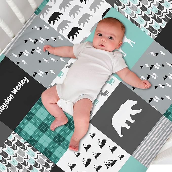 Personalized Pack and Play Sheets with Name, Custom Name Baby Mini Crib Sheets for Baby Boys Girls, Name Pack n Play, Fitted Sheet with Name, Soft and Breathable Material (Woodland Deer Bear)
