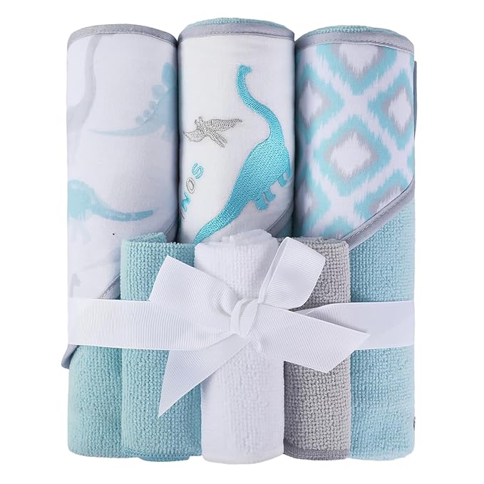 Softan Baby Hooded Towels and Washcloths Set 6 Pack, 28x28 Ultra Soft & Absorbent Baby Bath Towels for Newborn Infant Toddler, Unisex Boys Girls (Blue Dionsaur)
