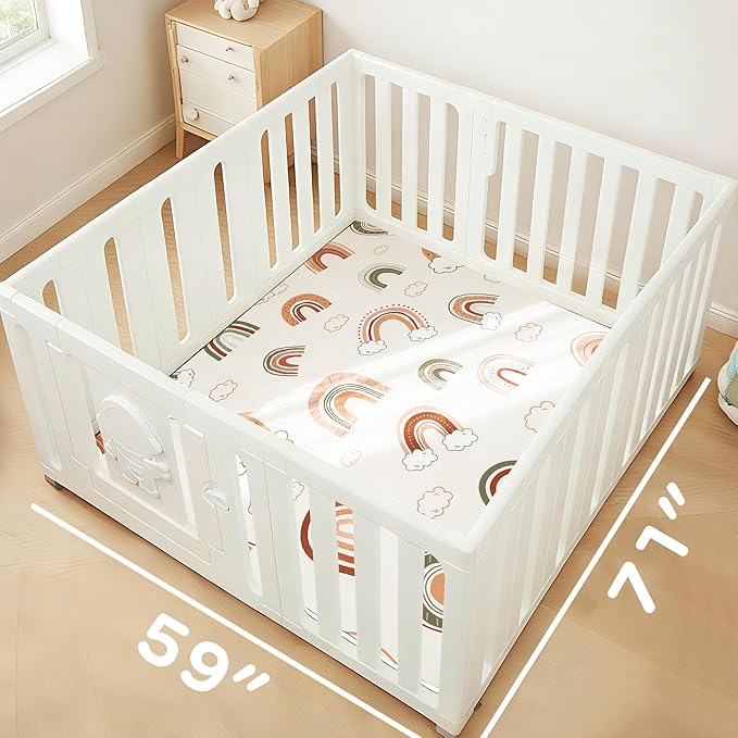 1.5" Thick Premium Baby Floor Play Mat, 71x59 Over-Sized Padded Memory Foam Mat, Tummy Time Crawling Playmat for Nursery Playroom Classroom, Rainbow