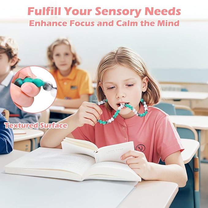 Chew Necklaces for Sensory Kids and Adults, Chewy Necklace Sensory Toys for Nail Biting, Silicone Necklace for Autism, ADHD, SPD, Fidget Oral Chew Toys for Boys and Girls Kids