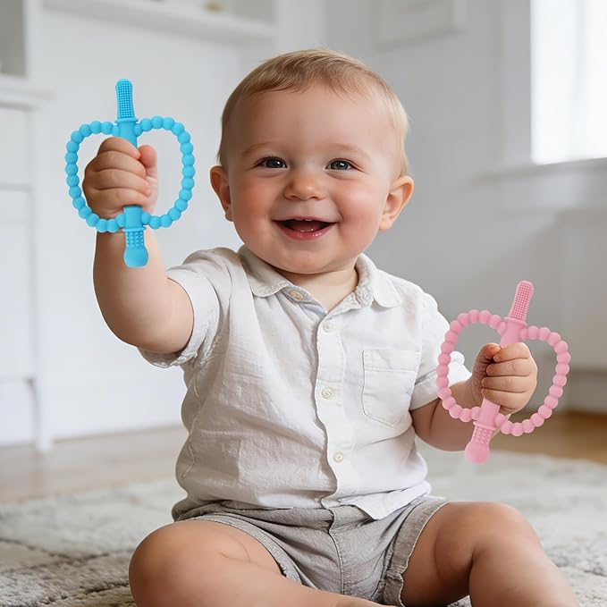Fu Store Hollow Teether Tube 2 Pack Apple Shape Chew Straw Sensory Toy for Infant Toddlers Silicone Tubes Teething Toys for Babies 0-6 0-12 0-36 Months Gifts Teething Relief Soothing Gums (Blue Pink)