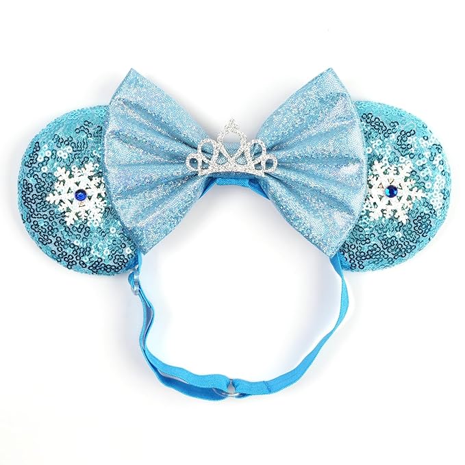Adjustable Mouse Ears Headband with Crown, Ice Queen Elastic Hair Bow Hairband for Baby Girls Toddlers Teens