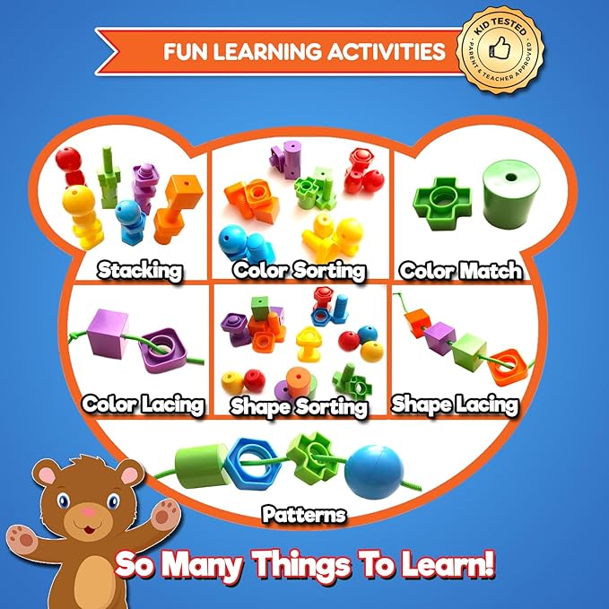 Jumbo Beads & Bolts Game Set - 2-in-1 Fine Motor Matching Educational Stringing & Twisting Toys for Toddlers with 12 pc Lacing Beads and 12 pc Nuts & Bolts, Toy Storage & Learning Activities eBook