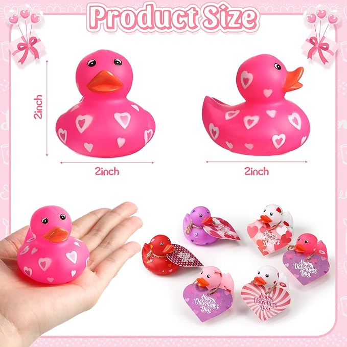 Jerify 24 Pcs 2 Inch Valentines Ducks for Kids Classroom Exchange Gifts Valentine's Day Rubber Ducks with Gifts Cards Mini Heart Rubber Duckies Valentines Party Favors Toys, 6 Styles (Pastel)