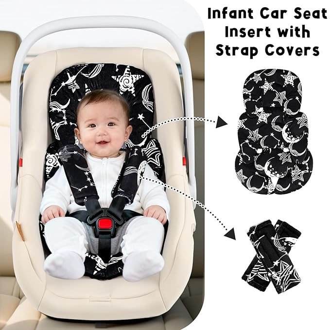 Infant Car Seat Insert Head and Body Support, GFU Reversible Newborn Insert for Carseat with Strap Pads, Soft Stroller Cushion Pillow Insert for Boys and Girls, Fits for Stroller, Swing, Black Star