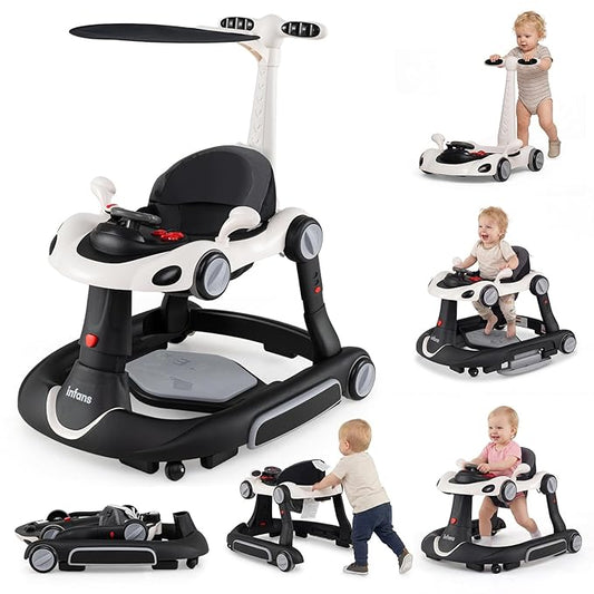 INFANS 6-in-1 Foldable Baby Walker, Converts Push Car to Bouncer, Rocker with Music, Lights, Adjustable Height & Speed, Activity Center, Canopy for 7-18 Months (Dark)