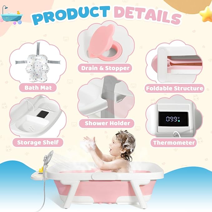 Orzbow Collapsible Baby Bathtub, Large Baby Bath Tub for Newborn with Soft Cushion & Thermometer, Travel Portable Baby Tubs for Infants to Toddler 0-36 Months, 28x16.9 inches, Pink