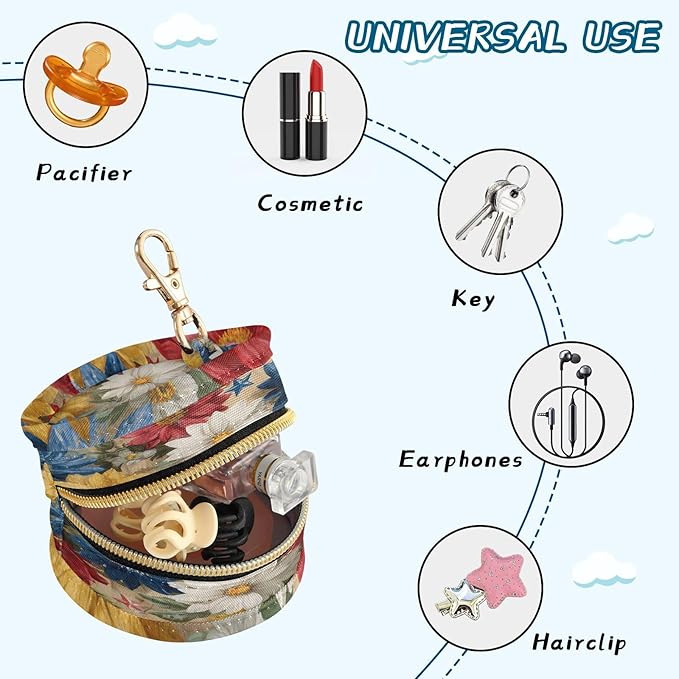 Pacifier Holder with Clip Pacifier Case for Diaper Bag Round Baby Pacifier Pouch Box Bag Portable July 4th Patriotic Colorful Flowers