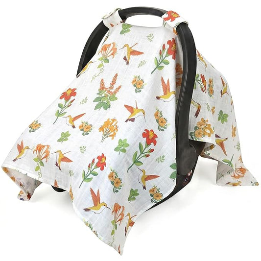 Metplus Car Seat Cover Baby, 100% Muslin Cotton Infant Carseat Covers for Boys and Girls, Lightweight Breathable Canopy, Summer Stroller Sun Shade, Newborn Travel Essentials(Hummingbird)