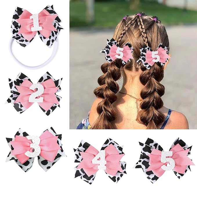 Birthday Hair Bow for Baby Girls - 2Pc Pink Sprinkle Hair Clips for 2nd Birthday Glitter Ice Cream Baby Bow Party Decorations for Girls Toddlers Hair Accessories (Cow Print -5 Years)