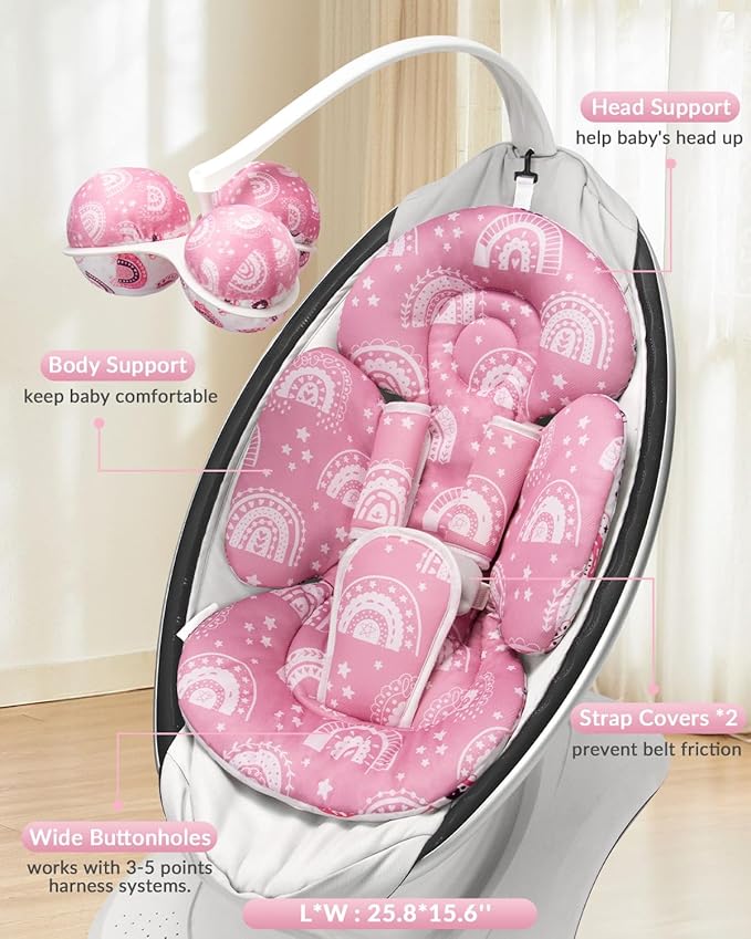 Infant Insert Compatible with 4moms Mamaroo Swing and Infant Carseat, Including 3 Replacement Balls, Reversible Newborn Insert for Baby Swing, Stroller, Bouncer, Soft Fabric - Mauve Rainbow