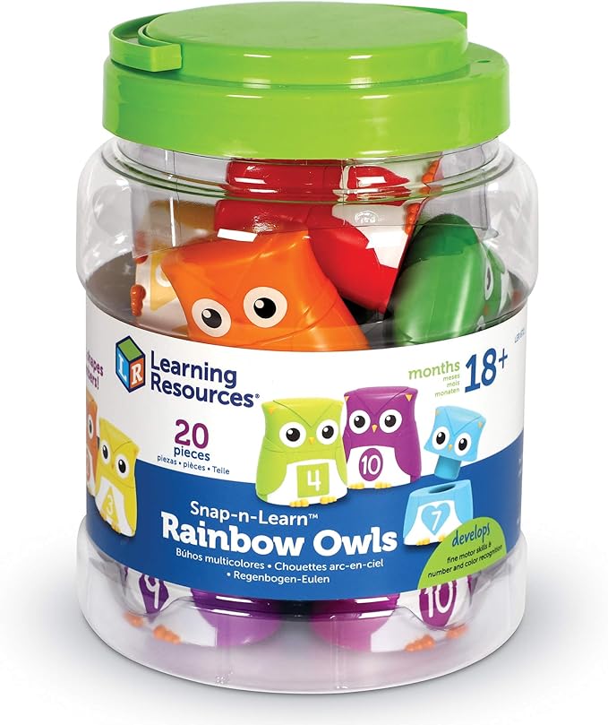 Learning Resources Snap-n-Learn Rainbow Owls - 10 Pieces, 18+ months Color and Shape Recognition, Letter Owls, Alphabet Toy