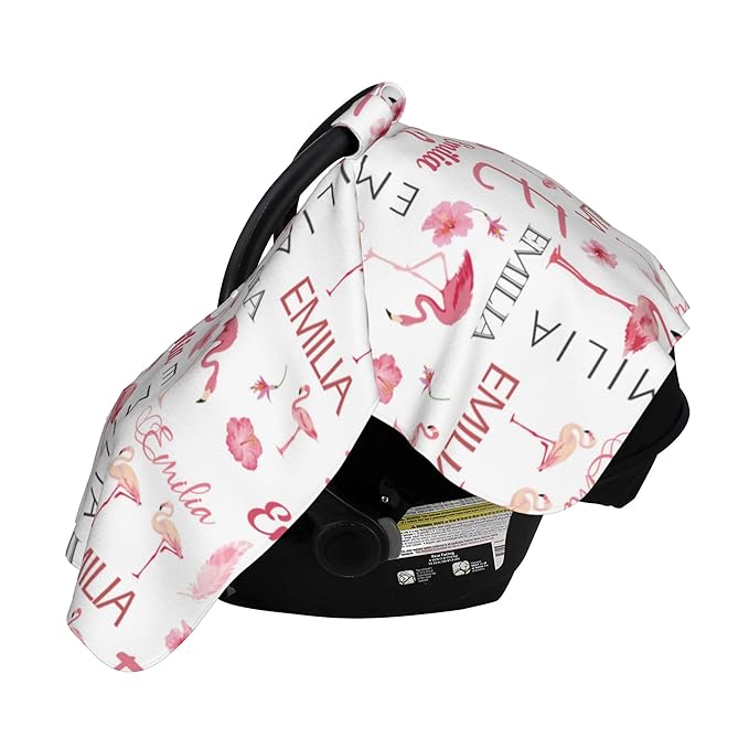 Personalized Car Seat Covers for Babies Custom Name Car Seat Canopy for Newborn Baby Boys Girls 2 in 1 Mom Nursing Breastfeeding Covers Flamingo Minky Baby Carrier Covers with Peekaboo Opening
