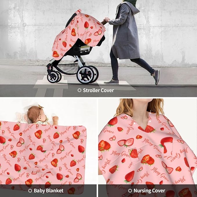 Personalized Strawberry Baby Car Seat Canopy for Girls – Custom Name Minky Nursing Cover, Infant Carseat Canopy, Opening Breastfeeding Stroller Cover for Newborn Baby Gift