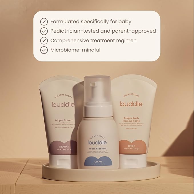 Buddle Diaper Rash 3-Piece System, 40% Zinc Oxide Ointment, Diaper Cream & Foam Cleanser for No-Rinse Cleansing