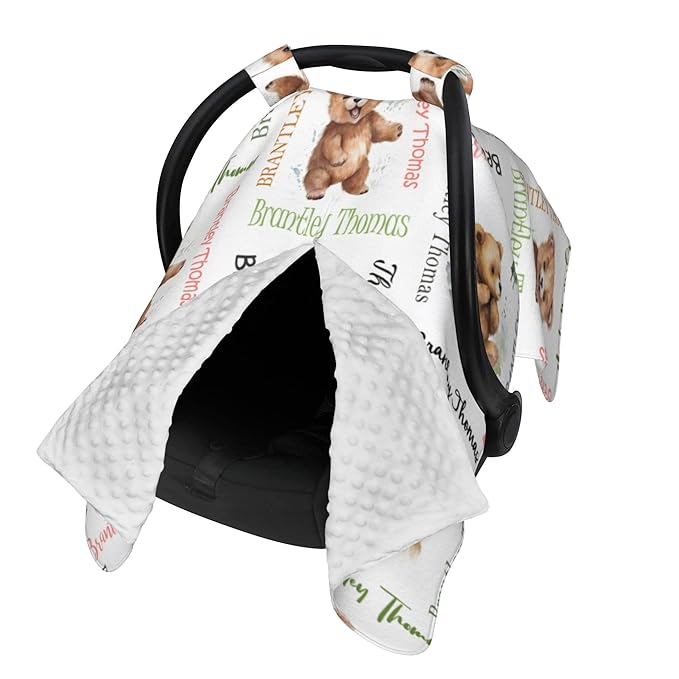 Personalized Baby Car Seat Canopy Minky Bear Baby Blanket Custom Name Baby Car Seat Cover Girls Boys Infant Newborn Carseat Canopy Nursing Cover for Stroller Car Seat Canopies