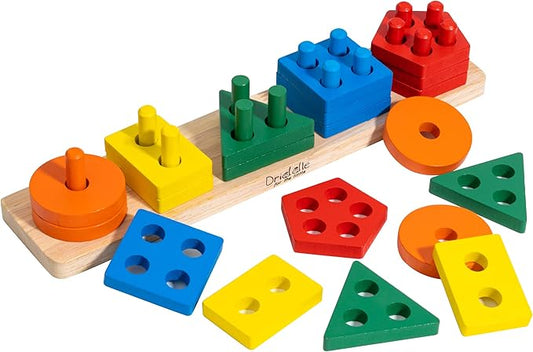 Driddle Wooden Educational Sorting and Stacking Toy - Learn Color and Shape Recognition – Puzzle Blocks Toy for Toddlers – Preschool Children Game – Kids Montessori Education