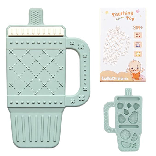 Baby Teething Toy Silicone Baby Teether for 3 6 12 18 Months Infant Tumbler Cup Shape Babies Teething Relief with Handle Toddler Chew Toys Food Grade BPA Free Teether Toys for Boys Girls Moody Blue