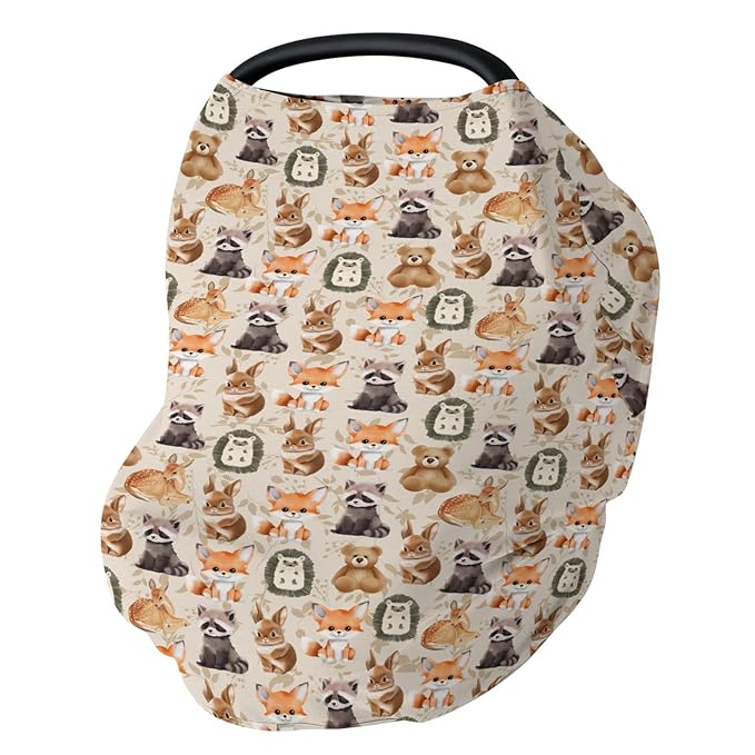 Vintage Autumn Animals Boho Floral Car Seat Cover for Babies Bear Raccoon Deer Rabbit Hedgehog Leaves Stretchy 5-in-1 Cover Adjustable Car Canopy Breastfeeding Cover Breathable Nursing Cover-Up
