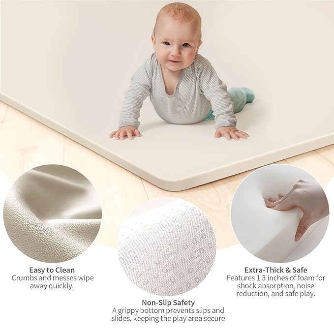 PU Leather Baby Play Mat for Floor, 50"×50" Playpen Mat, 1.3" Thick Elasti-Foam, Non-Slip Crawling Mat for Tummy Time, Waterproof & Wipe-Clean Playmat for Toddler,Infant, Kids (Beige)