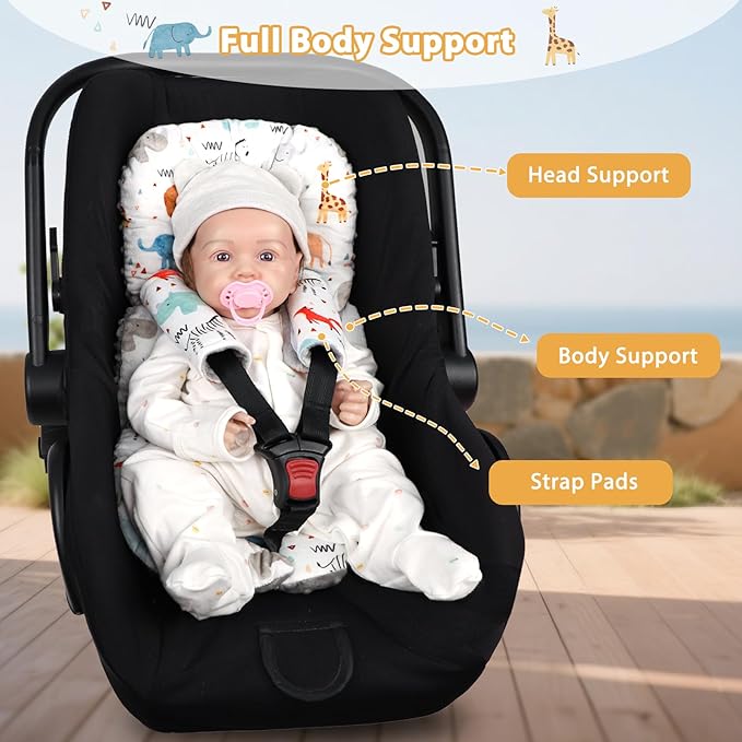 Infant Car Seat Insert, Car Seat Head Support Baby with 2 Covers, Ultra-Soft Newborn Carseat Insert, Perfect for Car Seat, Stroller, Swing, Animals