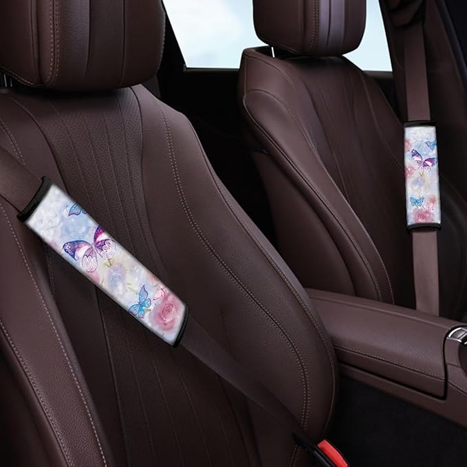 Rose Seat Belt Cushion Shoulder Strap Butterfly Car Seat Belt Holder 2 Piece Set Universal Flower Car Anti-Slip Shoulder Belt Protector for Cars Trucks SUVs Airplanes