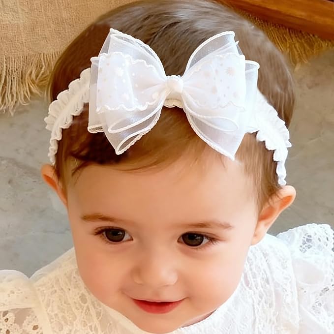 Baby Girls Headband White Bow Lace Headbands Soft Elastic Bowknot Hairbands Cute Hair Accessory for Newborn Kids Infant Toddler Baptism Birthday Party (Bow D)