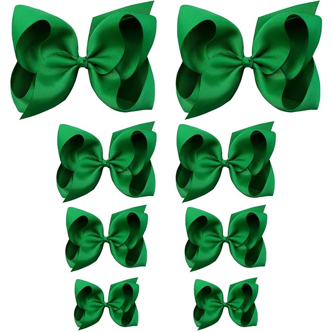 Oaoleer 8PCS Hair Bows for Girls Green Grosgrain Ribbon Boutique Bow Alligator Clips Hair Accessories for Toddlers Little Girls Kids (8inch, 6inch, 4.5inch, 3inch in Pair)