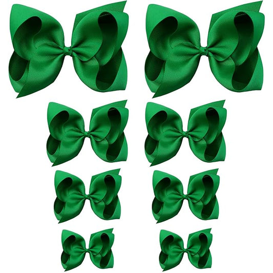 Oaoleer 8PCS Hair Bows for Girls Green Grosgrain Ribbon Boutique Bow Alligator Clips Hair Accessories for Toddlers Little Girls Kids (8inch, 6inch, 4.5inch, 3inch in Pair)
