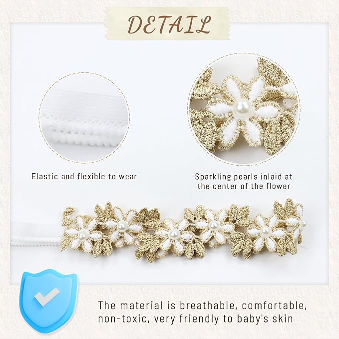 Cinaci 8 Pack Gold Delicate Flower Butterfly Leaf Stretchy Lace Headbands Baby Baptism Shower Christening Photo Props Hair Accessories for Baby Girls Infants Toddlers Kids (Gold-8 Pack)