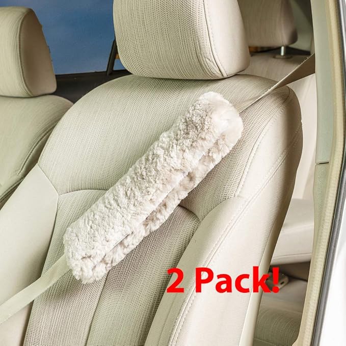 Engel Worldwide Soft, Comfortable Universal Fitting Genuine Merino Sheepskin Seat Belt Shoulder Cover Pads for Adults, Children, Youth.Twin Pack! Multiple Colors Available (Pearl)