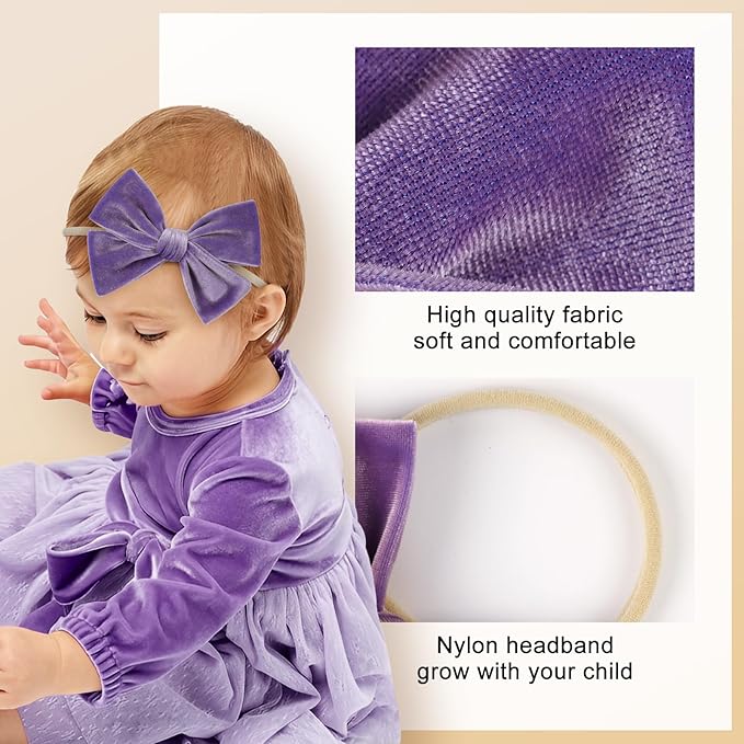 4'' Baby Velvet Gloss Bows Handmade Headbands Tied Bow Elastic Nylon Hair Accessories for Baby Girls Newborn Infant 3 Pcs Purple Turmeric Brown