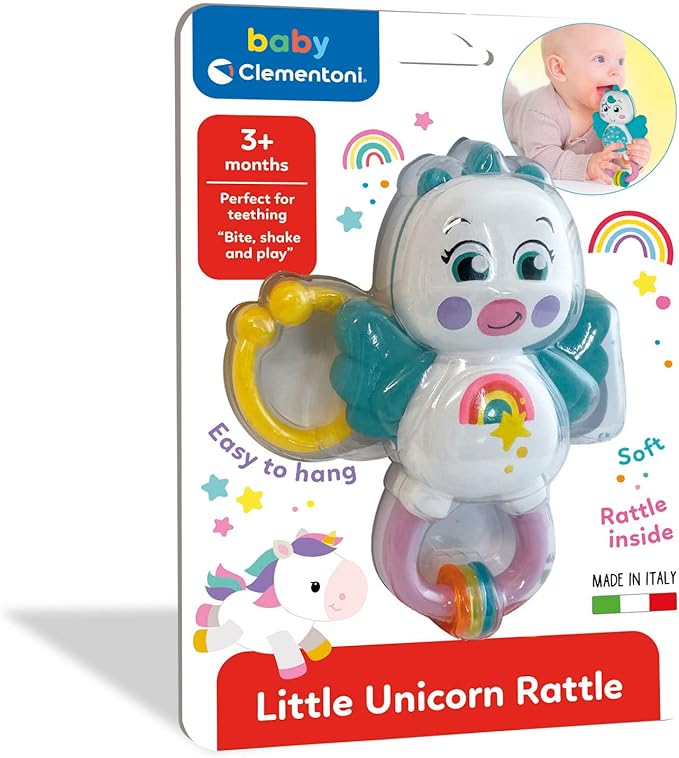 Clementoni 17778 Little Unicorn Rattle-Toddler, Early Years, Infant, New Born Soft Gift, 3 Months, Crinkle Squeaky, Sensory Learning Toys, Stroller Pendant, Made in Italy