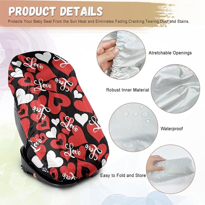 Valentines Day Car Accessories Car Seat Cover Baby Car Seat Sun Shade Cover with Red Heart Print, Tear-Resistant Baby Seat Covers Keep Baby Cool and Child Safety for Travel, Easy to Install