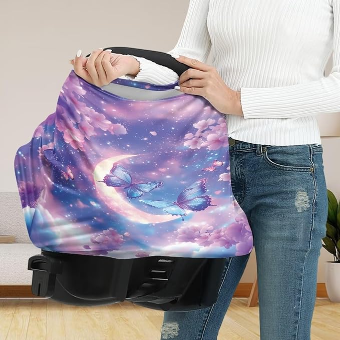 GIFTPUZZ Butterfly Baby Girls Car Seat Cover Canopy, Multi-Use Ultra Soft Nursing Cover Breastfeeding Infant Carseat Canopy, Universal Fit for Stroller High Chair Shopping Cart Canopies