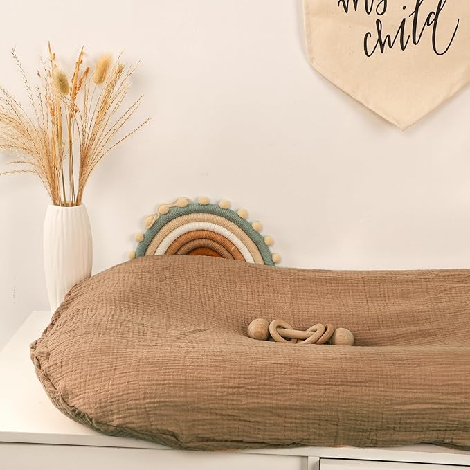 Hooyax Muslin Baby Lounger Cover 2 Pack - 100% Breathable Cotton Soft Infant Lounger Covers, Fits Most Standard Newborn Loungers & Pillows (Brown, Wheat)