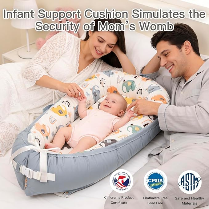 Organic Cotton Baby Support Cushion –Infant Support Cushion Reversible, Portable, Soft & Breathable with Washable Cover | Perfect for Awake-Time Use Only - Big Elephant
