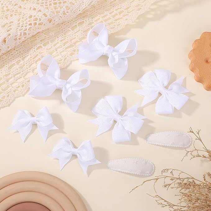 choicbaby 8pcs Baby Girl Hair Bow Clips Set, White Toddler Hair Clips Boutique Grosgrain Ribbon Bow Hair Barrettes Accessories for Infant Toddler Kids