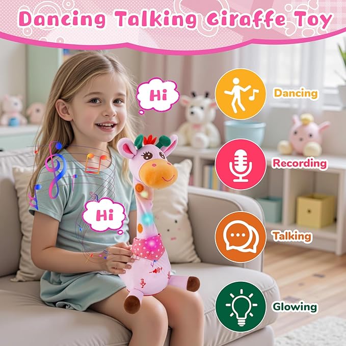 JISONCASE Talking Dancing Giraffe Baby Toy, Adjustable Volume Tummy Time Toy Repeating What You Say, Singing Mimicking Recording Sensory Education for Toddlers Boy Girls