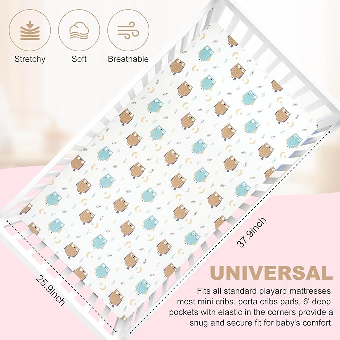 Pack n Play Fitted Sheet. 2 Piece Mini Crib Sheet. Elastic Playard Sheet. Portable Sheet Set. Elastic Convertible Playard Sheet. Compatible with Graco Pack n Play. (Owl and Tree Bag)