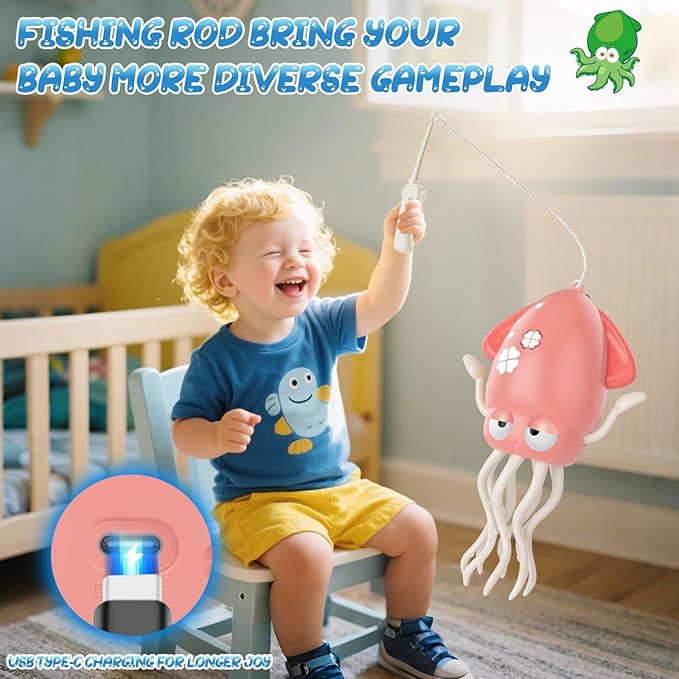 AOTIBO Baby Dancing Octopus Toy for 1 2 3 4 5 Year Old Boy Girl, Baby Tummy Time Electric Crawling Octopus Toys 12-18 Months, Dancing Squid Toy for Walking Toddlers, Kids 1st Birthday Gifts, Pink
