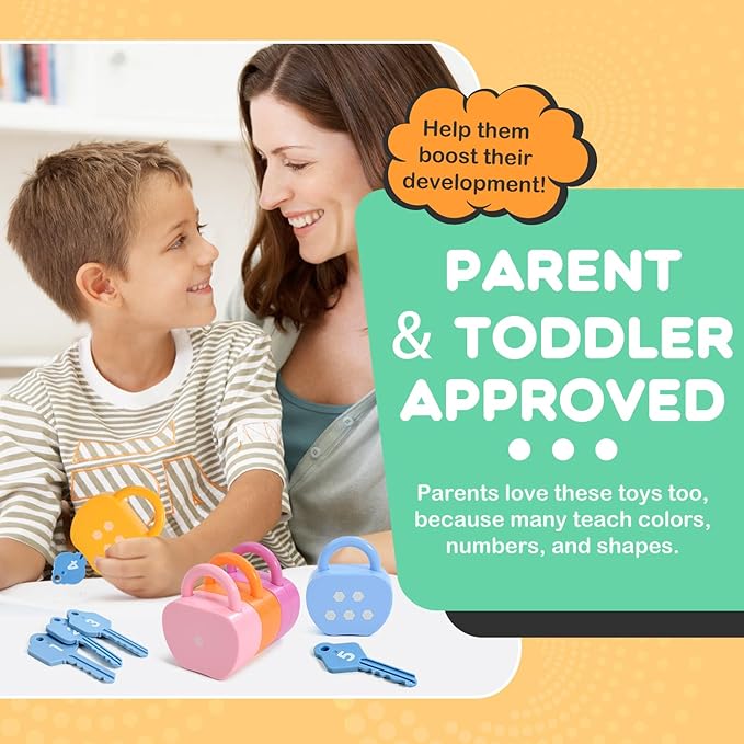 GEERAY Cause and Effect Toys for Toddlers 3+, Montessori Lock & Key Set with 5 Apple-Shaped Locks, Keys & 10 Cards – Learn Numbers, Colors & Motor Skills STEM Toy Gift for Home & Classroom