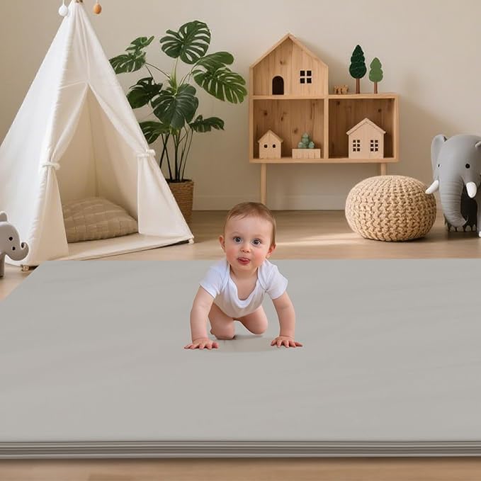 HARBOLLE Baby Play Mat 71x55 Inches, Extra Thick 1.2" Foam Floor Mat for Tummy Time & Crawling, Waterproof Non-Slip Faux Leather Playpen Mat for Infants Toddlers, Indoor Outdoor Gym Activity, Gray