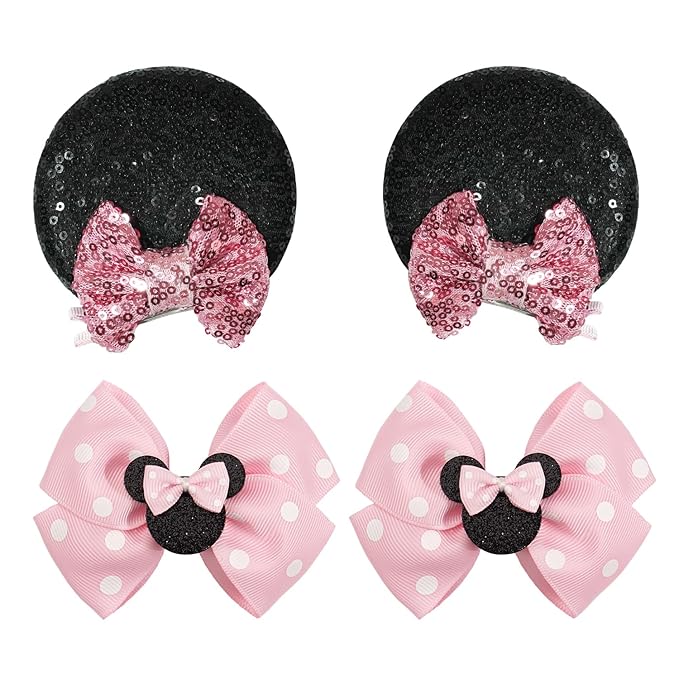 2 Pairs Pink Mouse Ears Hair Clips & Mouse Hair Bows Barrettes for baby Girls Accessories Birthday Party Decorations Gift