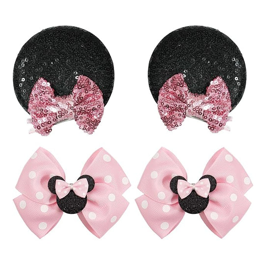 2 Pairs Pink Mouse Ears Hair Clips & Mouse Hair Bows Barrettes for baby Girls Accessories Birthday Party Decorations Gift