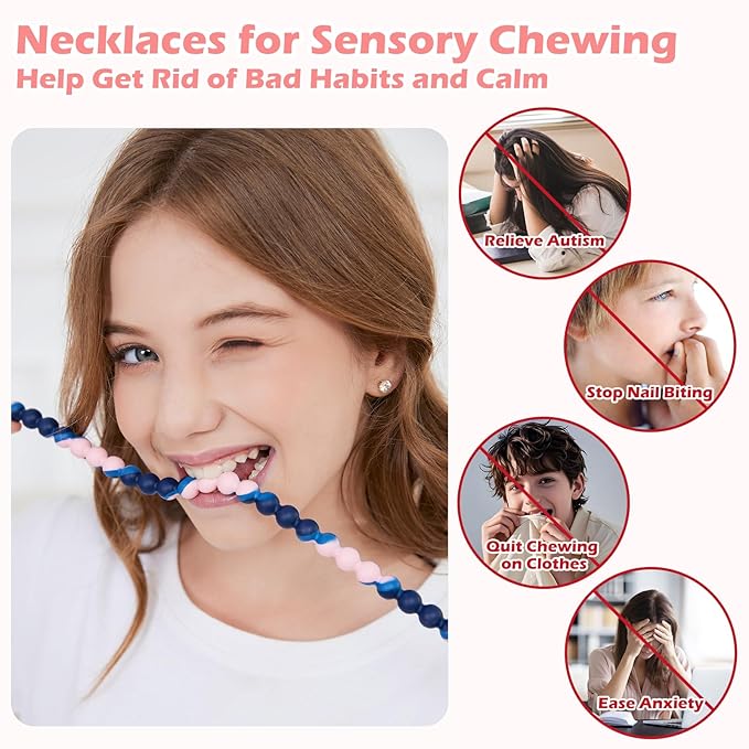 Chew Necklaces for Sensory Kids and Adults, Chewy Necklace Sensory Toys for Nail Biting, Silicone Necklace for Autism, ADHD, SPD, Fidget Oral Chew Toys for Boys and Girls Kids