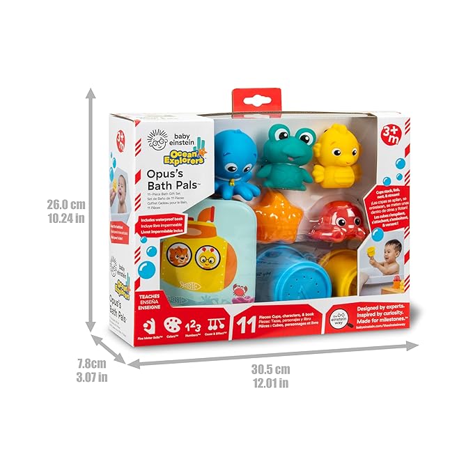 Baby Einstein Ocean Explorers Opus Bath Pals 11-Piece Gift Set, Waterproof Bath Book, Bath Cups, Animal Shape Bath Toys for Baby and Toddler, Ages 3 Months and Up