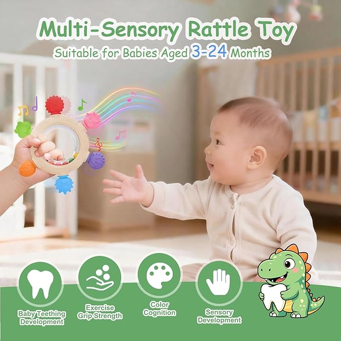 Yoolane Baby Teething Toys, Silicone Teether for Babies 3 6 12 18 Months, Dinosaur Baby Teething Ring Rattle Teether Sensory Chew Toys for Toddler Infant, Newborn Stuff Essential Gift, BPA Free